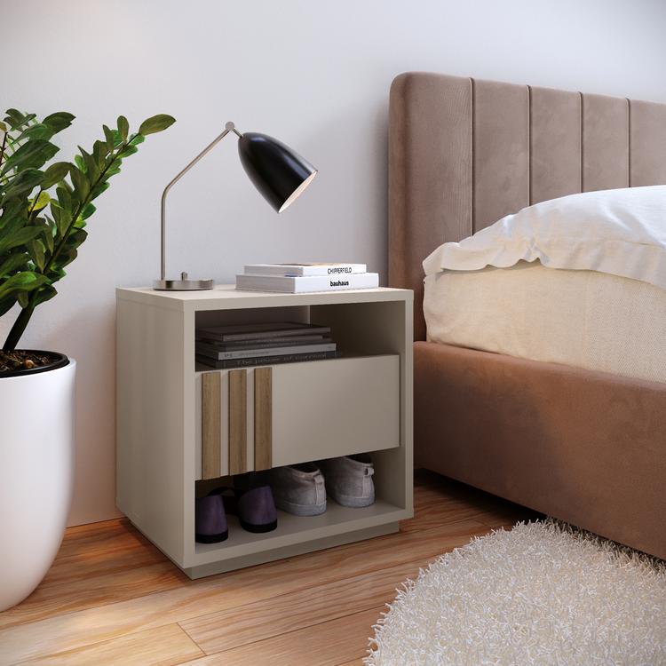 FURNIinspire Comodino, set di 2 comodini, tavolino con 2 cassetti decorati in rattan fatti a mano, tavolo in legno con contenitore per camera da