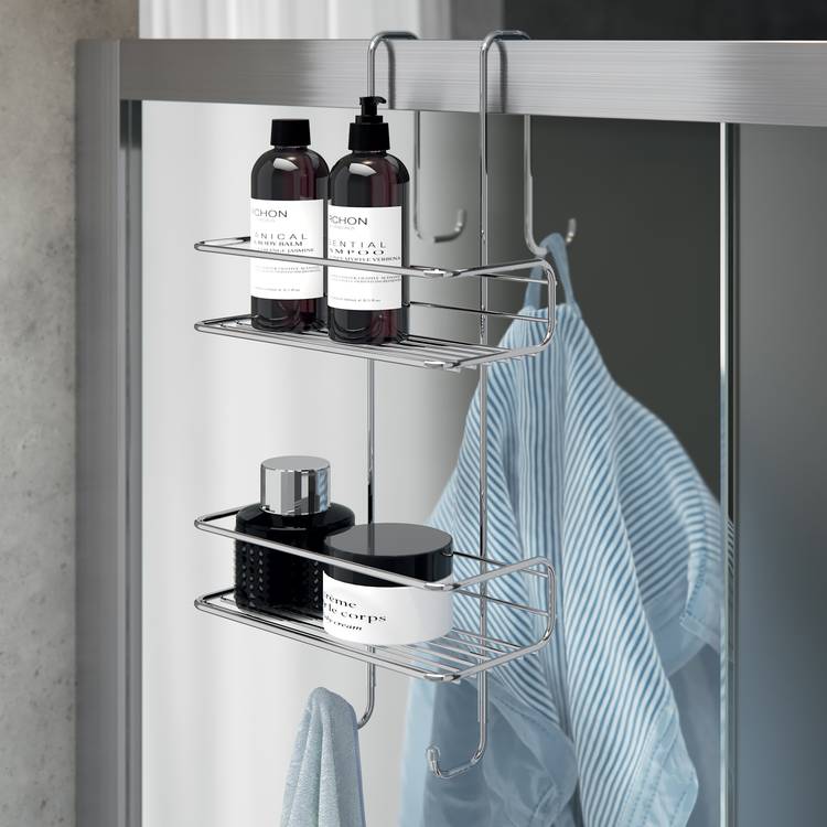 Porta oggetti per doccia con doppio gancio esterno e vaschetta
