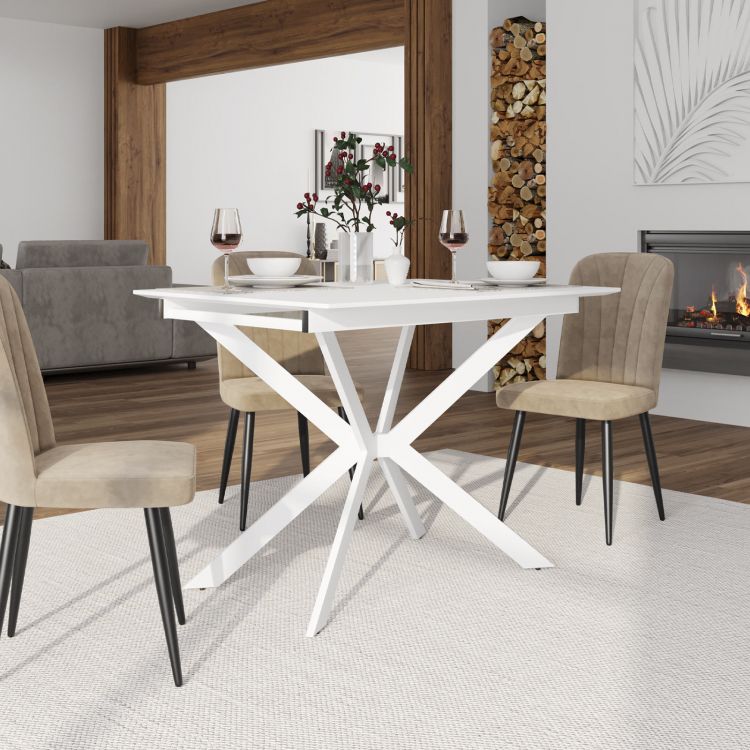 Tavolo da pranzo bianco lucido allungabile di 50 cm, tavoli da cucina  allungabili con gambe bianche.