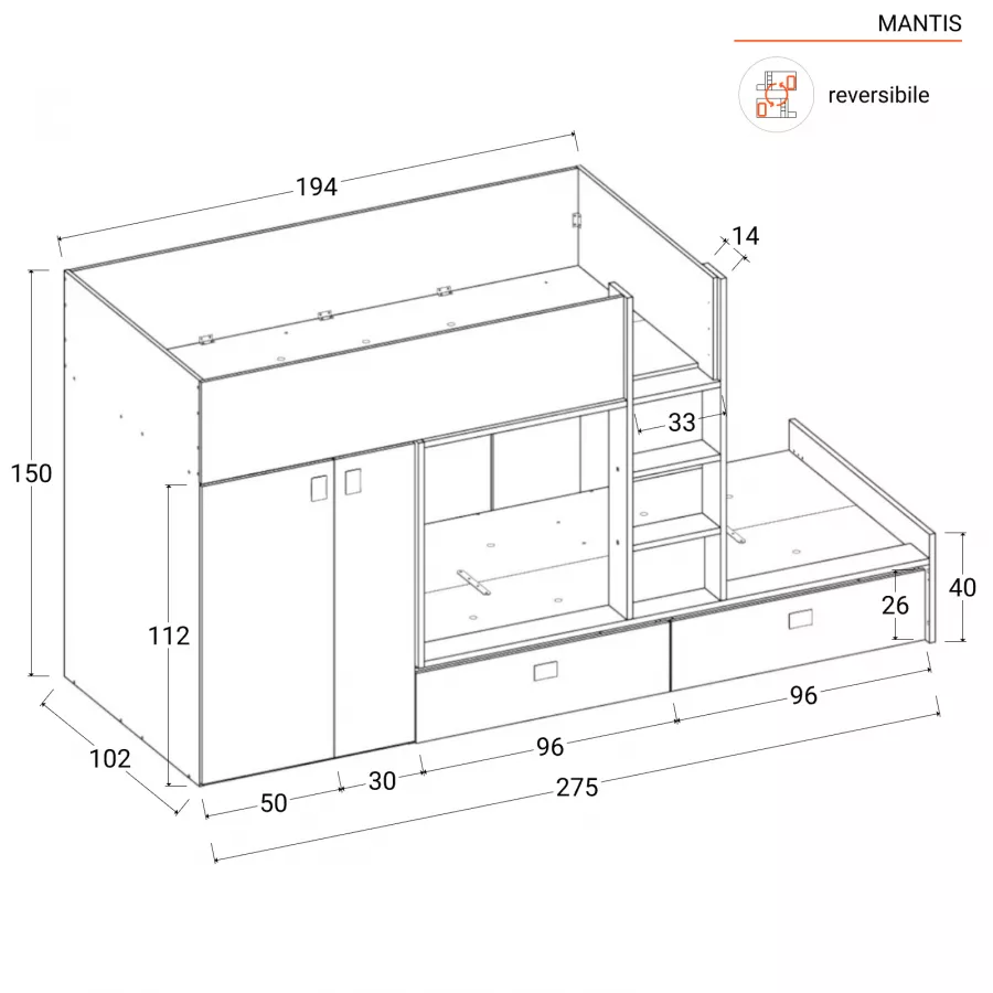 Letto a castello 275x102 cm in legno bianco e naturale con armadio