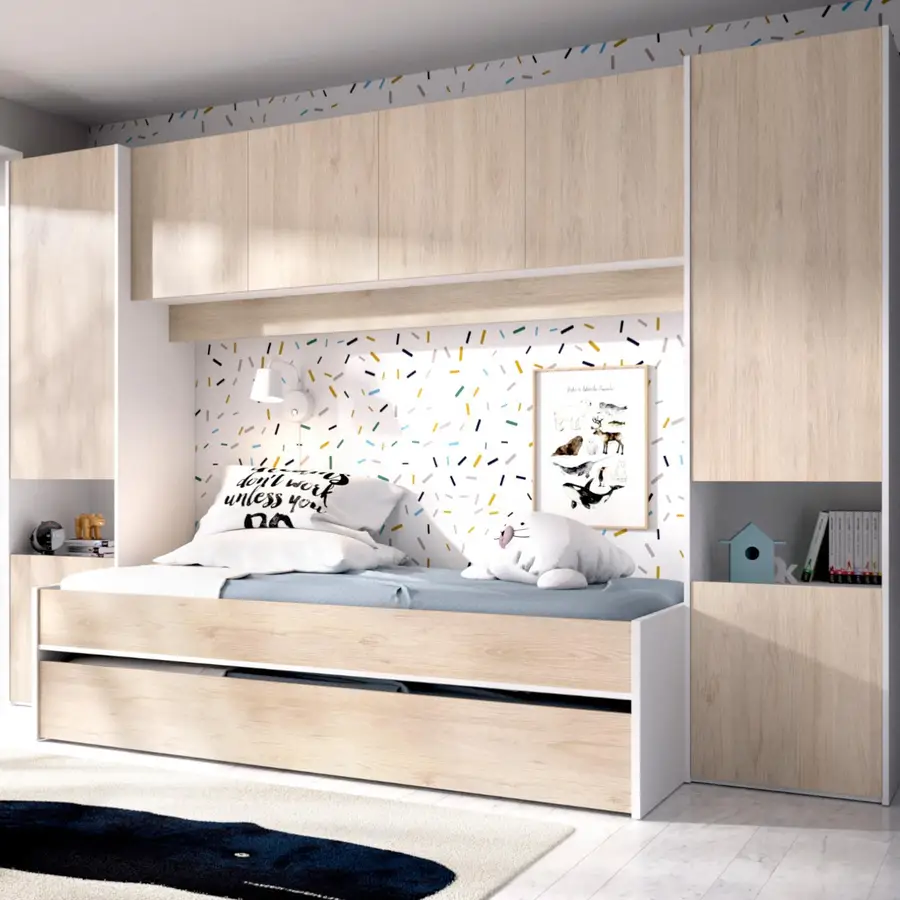 Letto per bambini 303x97 cm in legno bianco e naturale con letto