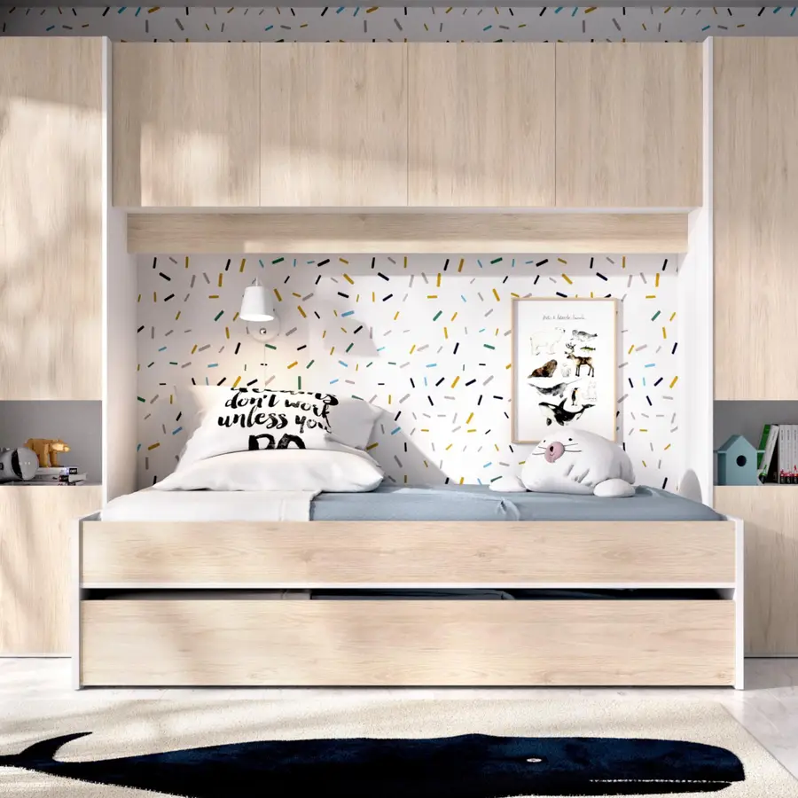 Letto per bambini 303x97 cm in legno bianco e naturale con letto estraibile  e armadio - Kora