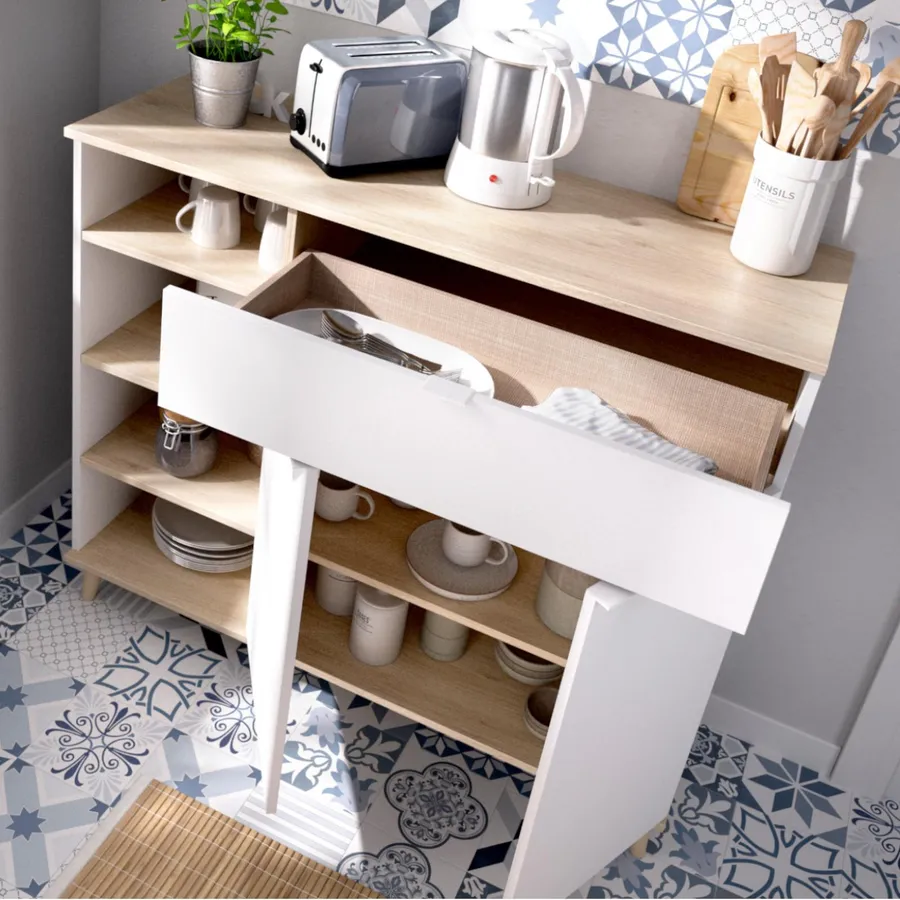 Moimhear Credenza In Legno 120x40x90 Cm - Armadio Con Ante In Rattan E Cassetti, Bianco, Per Soggiorno E Cucina