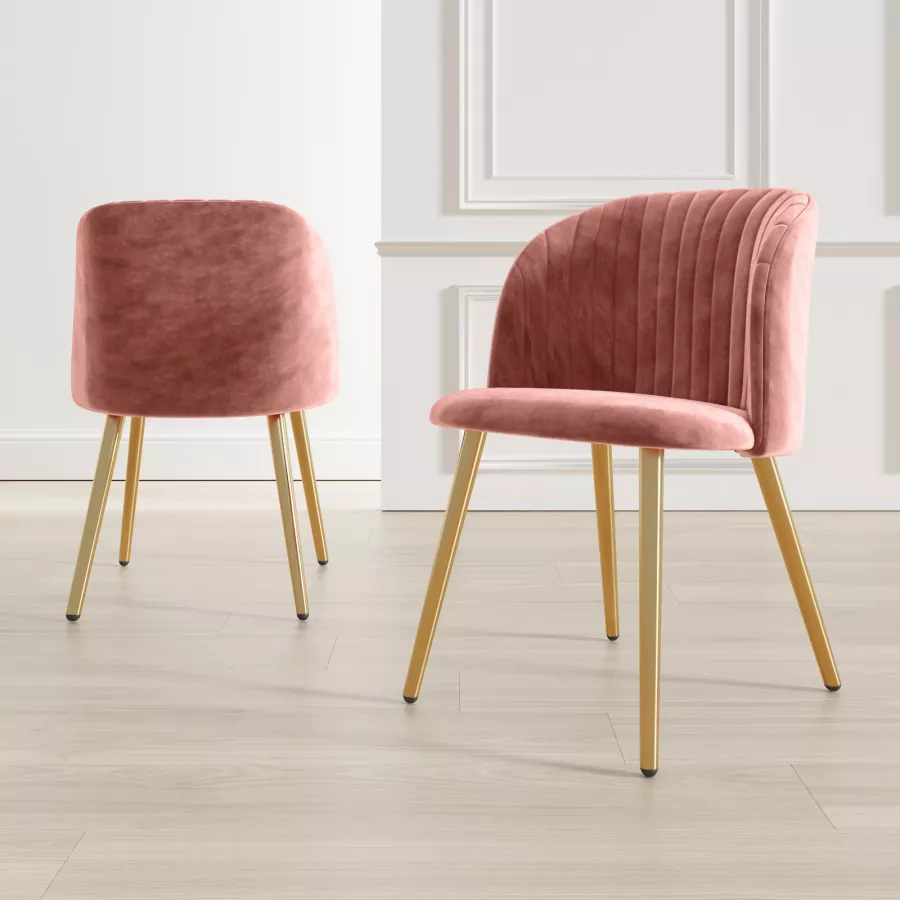 Set 2 sedie in velluto trapuntato rosa antico e gambe in metallo