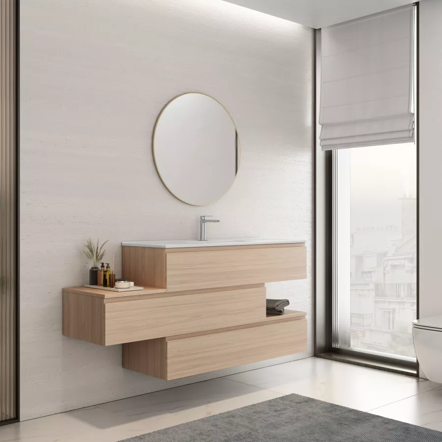 Mobile bagno sospeso 150 cm cassetto inferiore sx rovere portofino e bianco  opaco con lavabo e