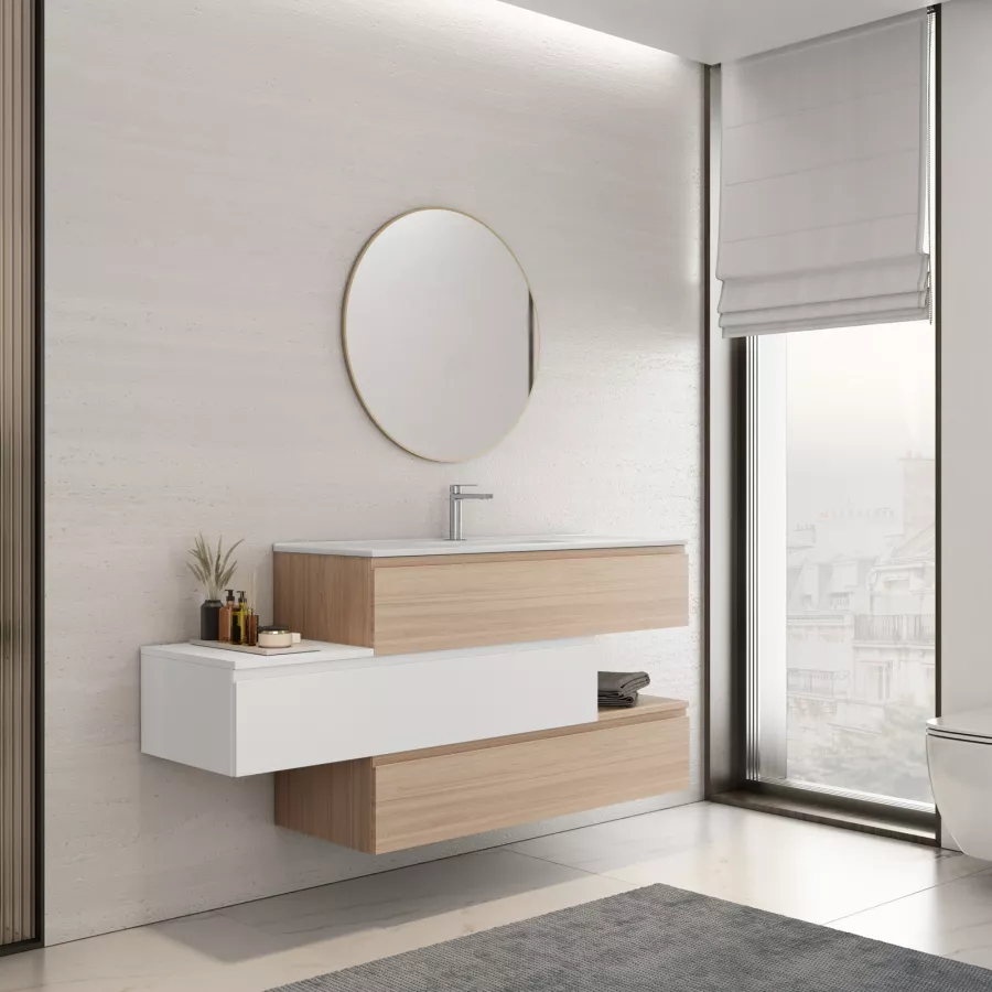 Mobile bagno sospeso 160 cm cassetto centrale sx rovere portofino e bianco  opaco con lavabo e