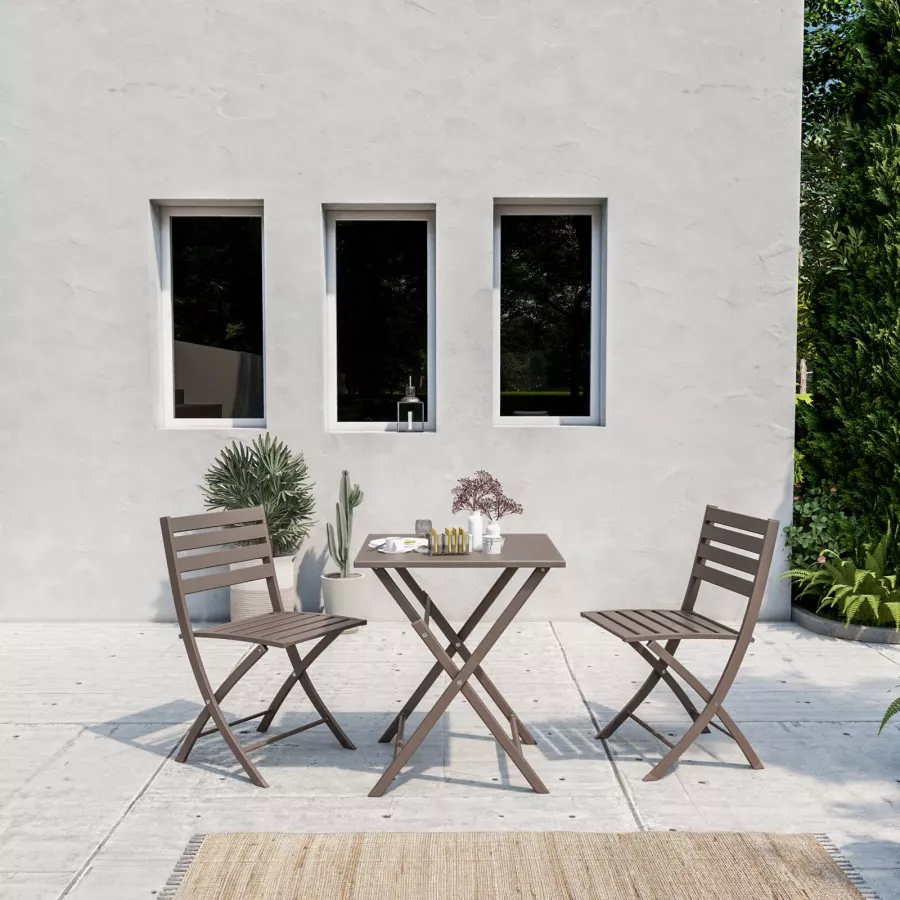 Set bistrot tavolo pieghevole 60x60 cm e 2 sedie pieghevoli in alluminio  tortora - Fuego
