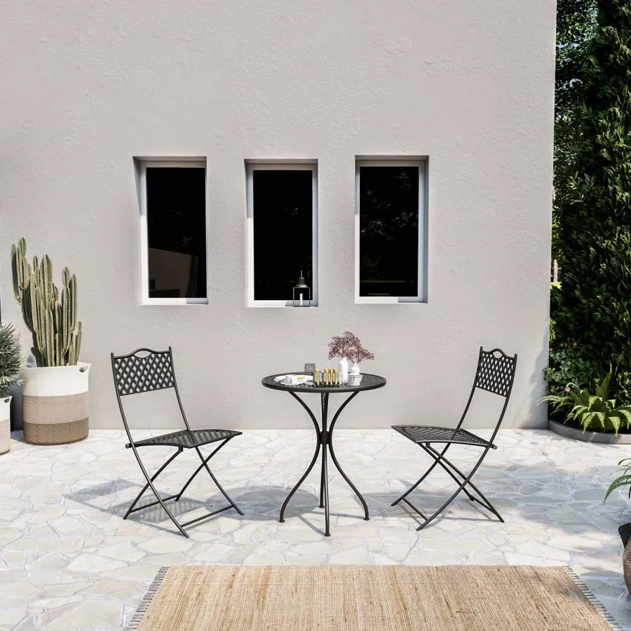 Set bistrot tavolo rotondo 60x60 cm e 2 sedie pieghevoli in metallo nero -  Dama