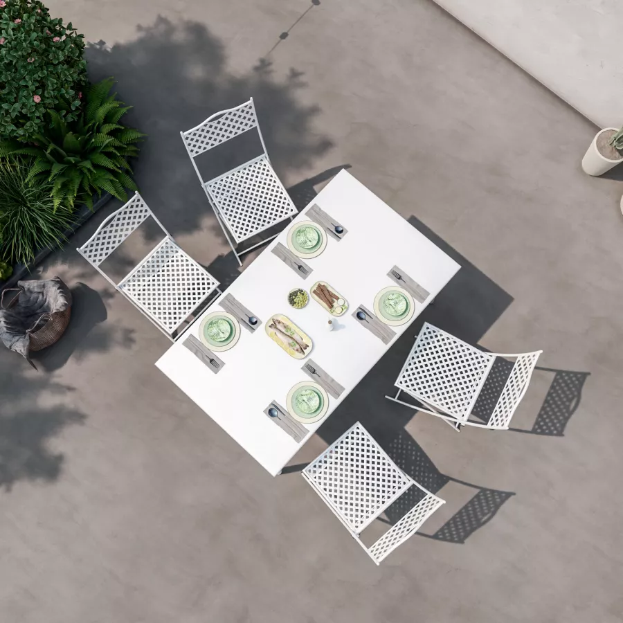 Set pranzo tavolo 140x80 cm e 4 sedie pieghevoli in metallo bianco - Dama