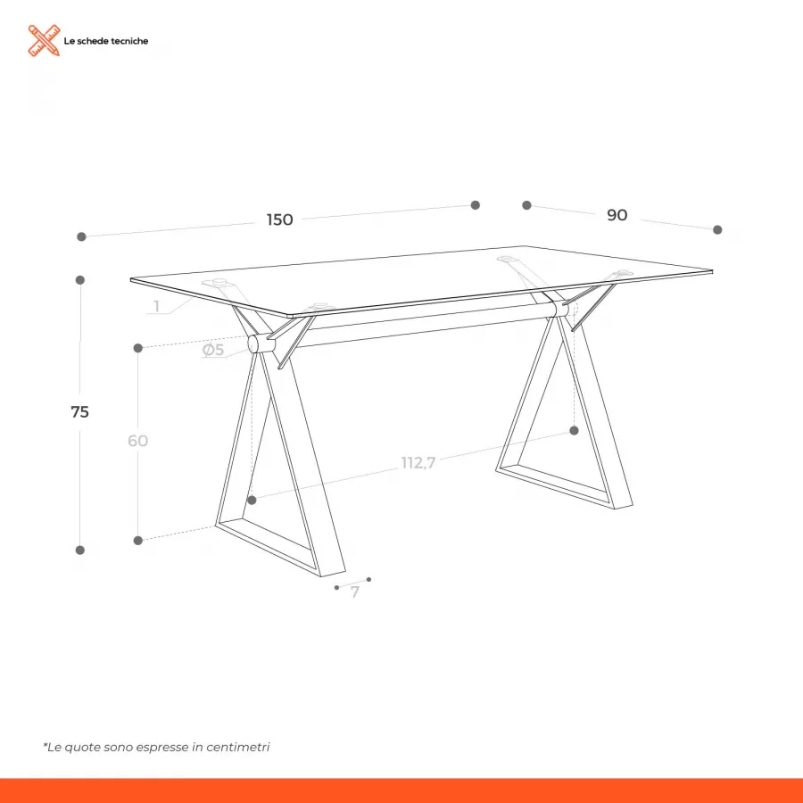 Scrivania 150x90 cm piano ceramica 12 mm e base in metallo bianco