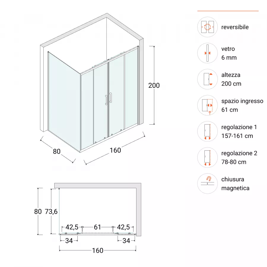 Box doccia angolare 80x160 cm in vetro temperato stampato scorrevole 200h -  Skin