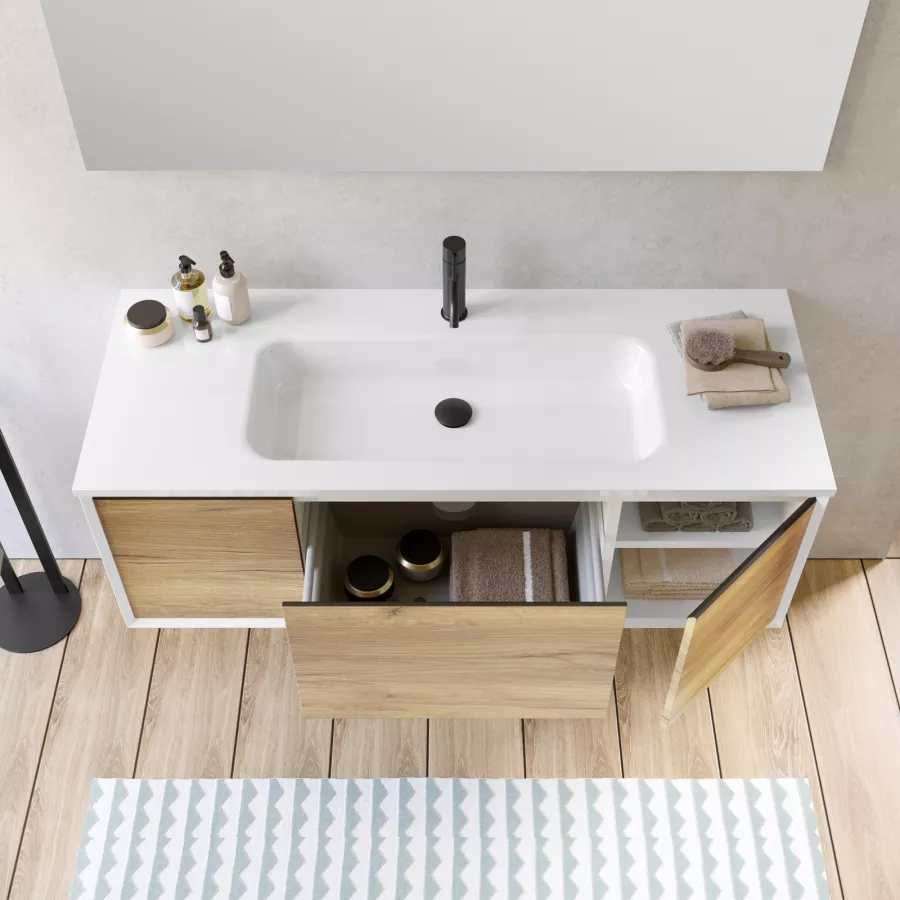 Mobile bagno sospeso 120 cm bianco e rovere europeo con lavabo integrato e  specchio - Julia