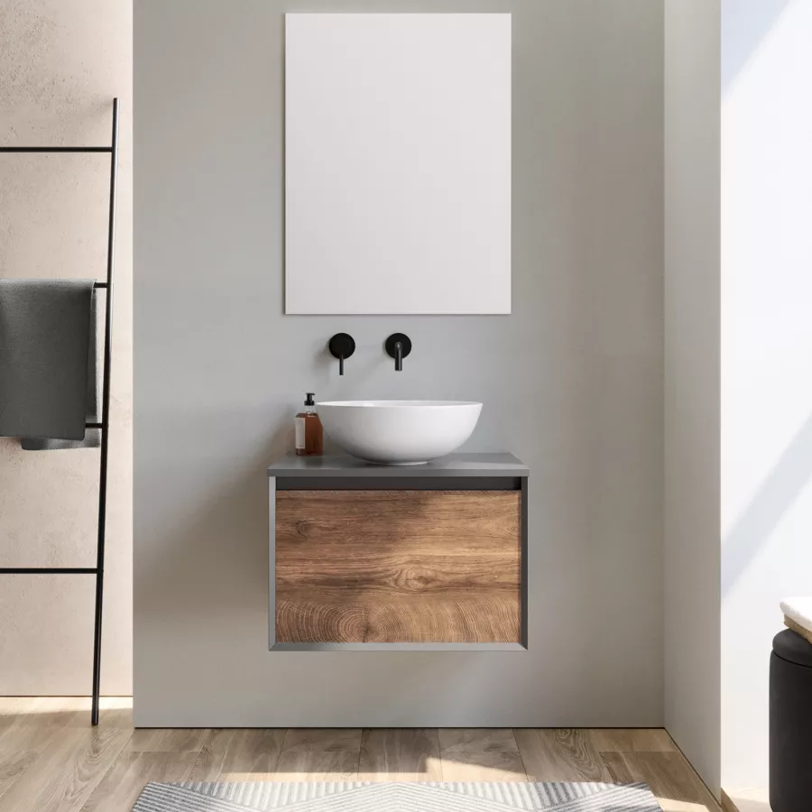 Mobile bagno sospeso 60 cm antracite e noce nativo per lavabo d'appoggio -  Julia