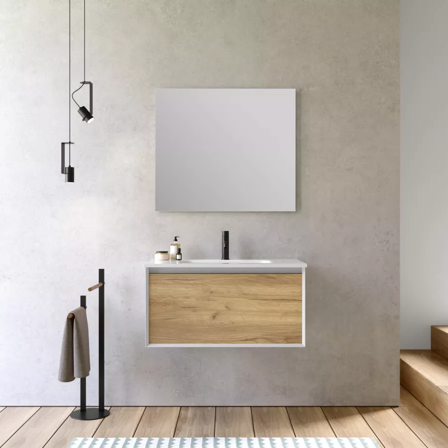 Mobile bagno sospeso 80 cm bianco e rovere europero con lavabo integrato e  specchio - Julia