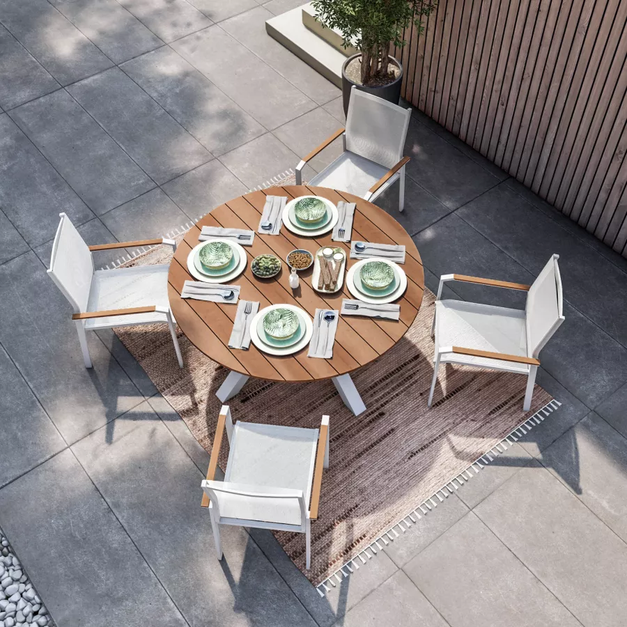 Set pranzo tavolo top in legno teak Ø 150 cm e 4 sedie con