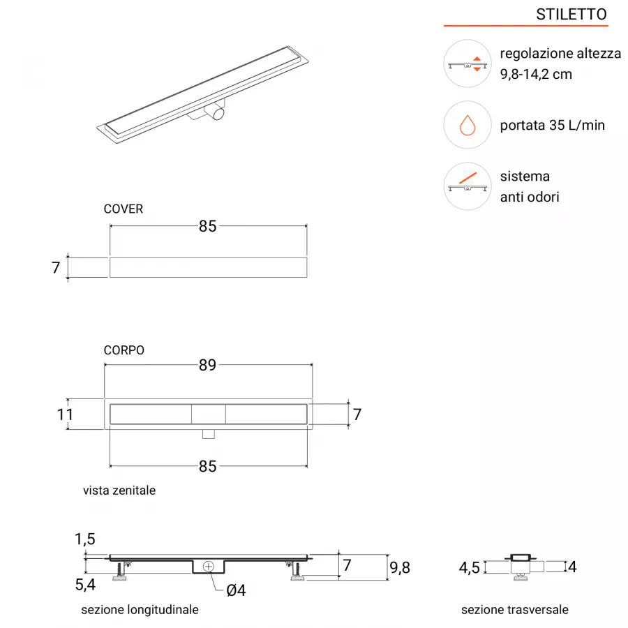 Canalina doccia 85 cm cover in acciaio inox - Stiletto