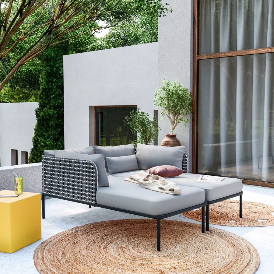 Set relax divano angolare con cuscini e tavolino da caffè in polyrattan  grigio - Horizon