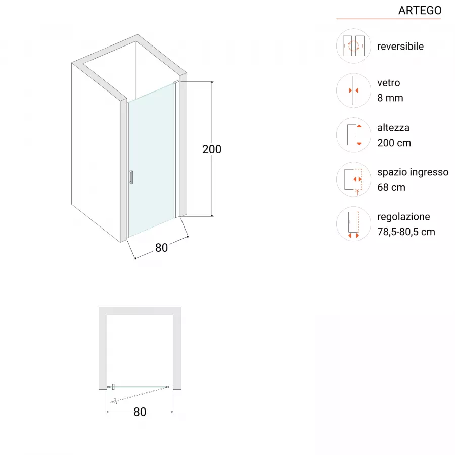 Nicchia con porta battente 80 cm in vetro temperato trasparente con profilo  cromo - Keep