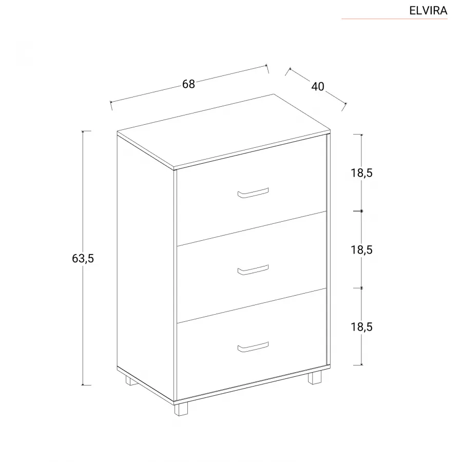 Cassettiera 68x63,5h cm con 3 cassetti in legno rovere bianco - Elvira