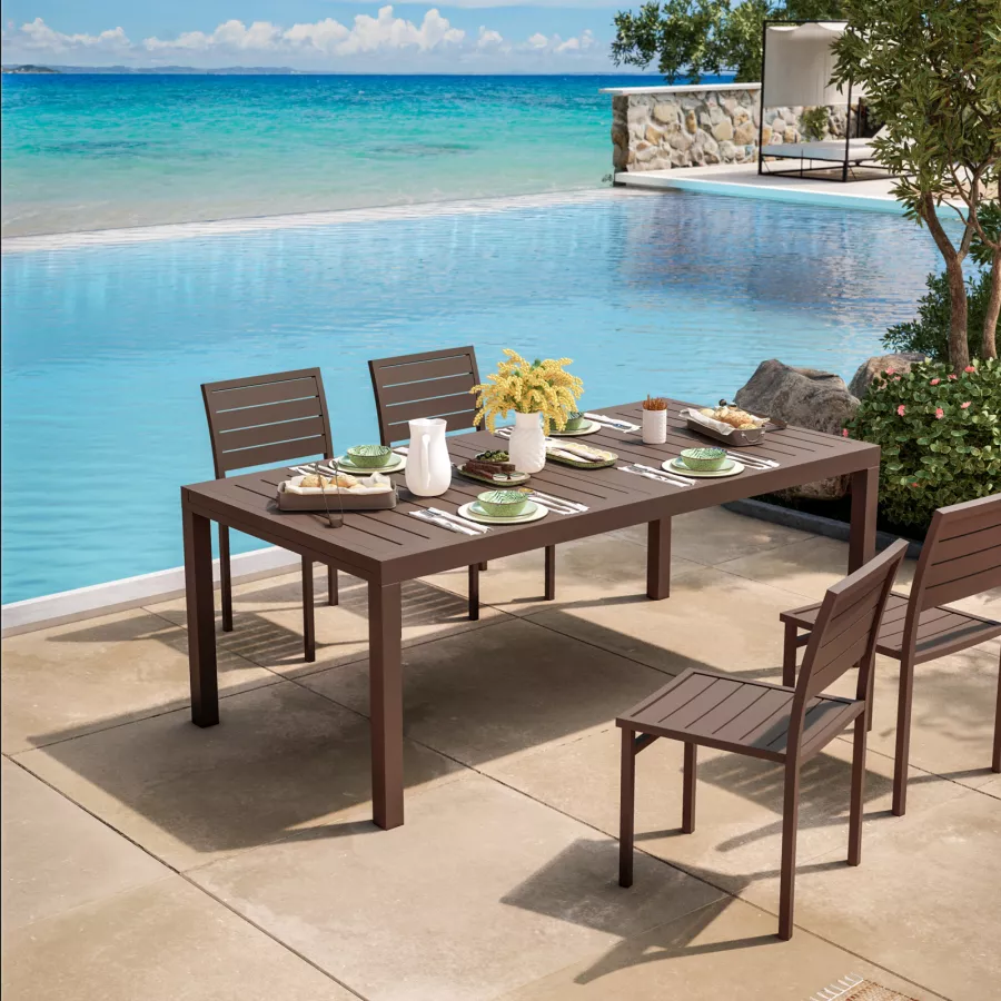 Set pranzo tavolo 200/300x100 cm e 4 sedie a doghe in alluminio marrone -  Carioca