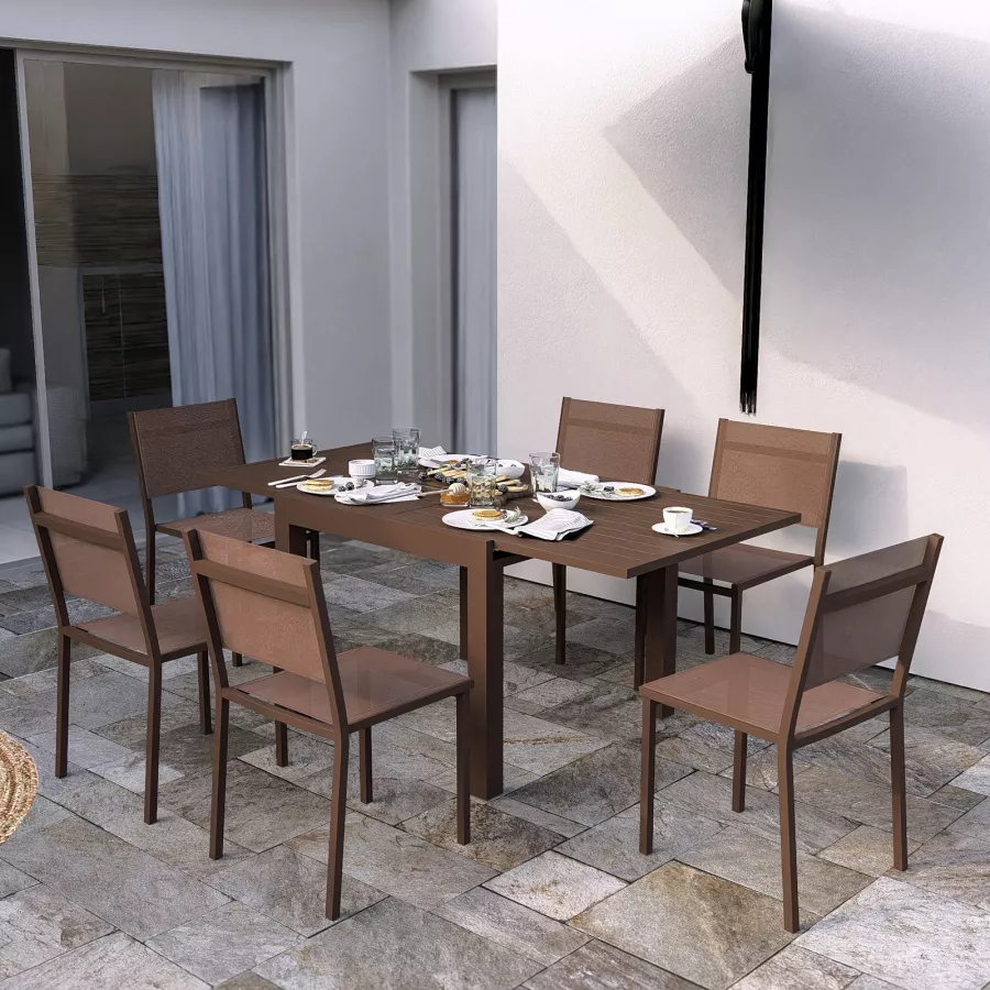 Set pranzo tavolo 90/180x90 cm e 4 sedie con braccioli in alluminio e  textilene marrone 