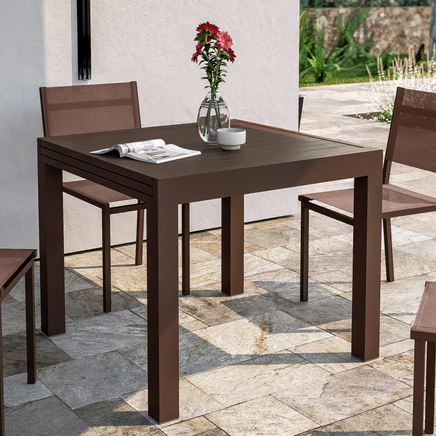 Set pranzo tavolo 90/180x90 cm e 4 sedie in alluminio e textilene marrone -  Carioca