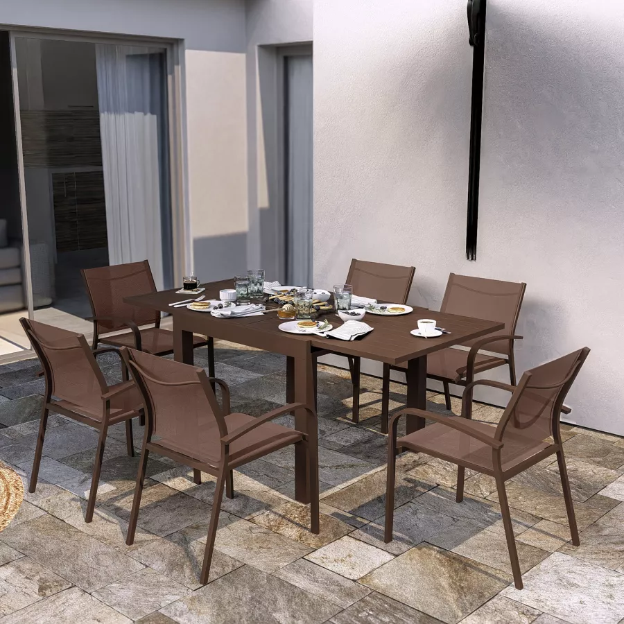 Set pranzo tavolo 90/180x90 cm e 4 sedie con braccioli tondi in alluminio e  textilene