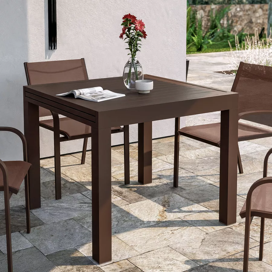 Set pranzo tavolo 90/180x90 cm e 4 sedie con braccioli tondi in alluminio e  textilene