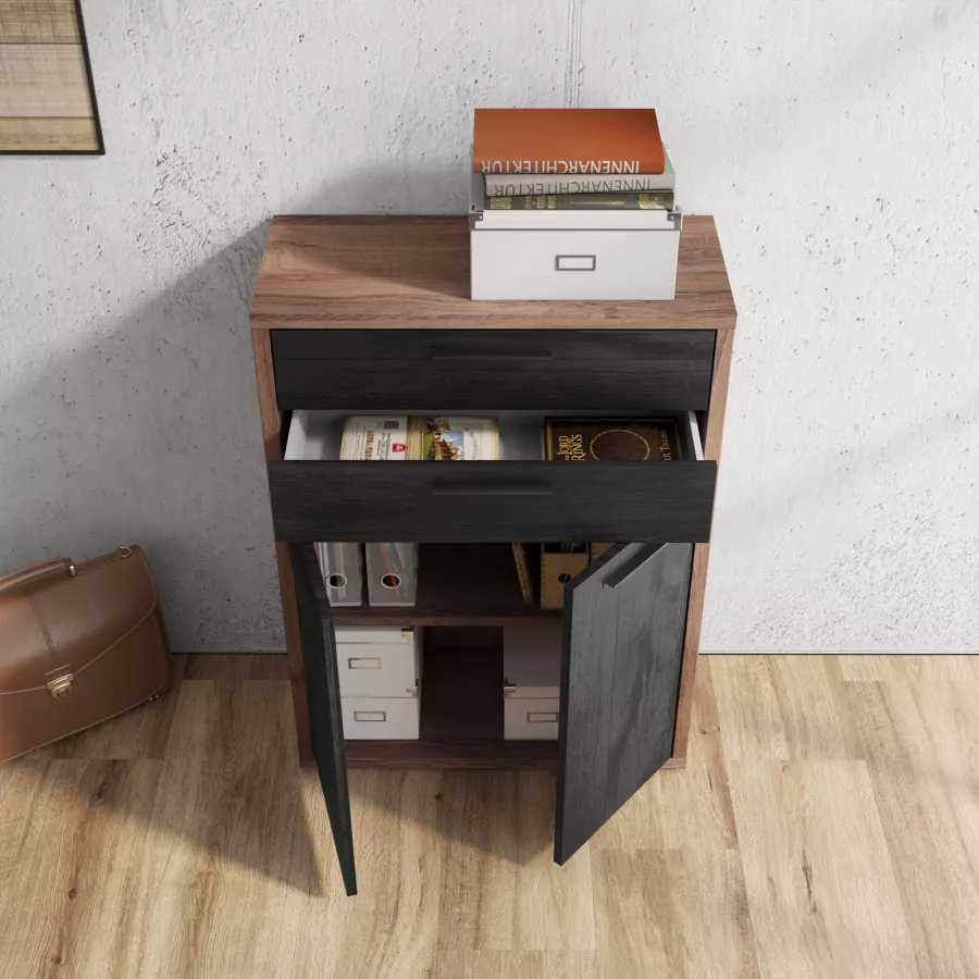 Libreria da ufficio con due ante e due cassetti in nero chalet - Historic  brown