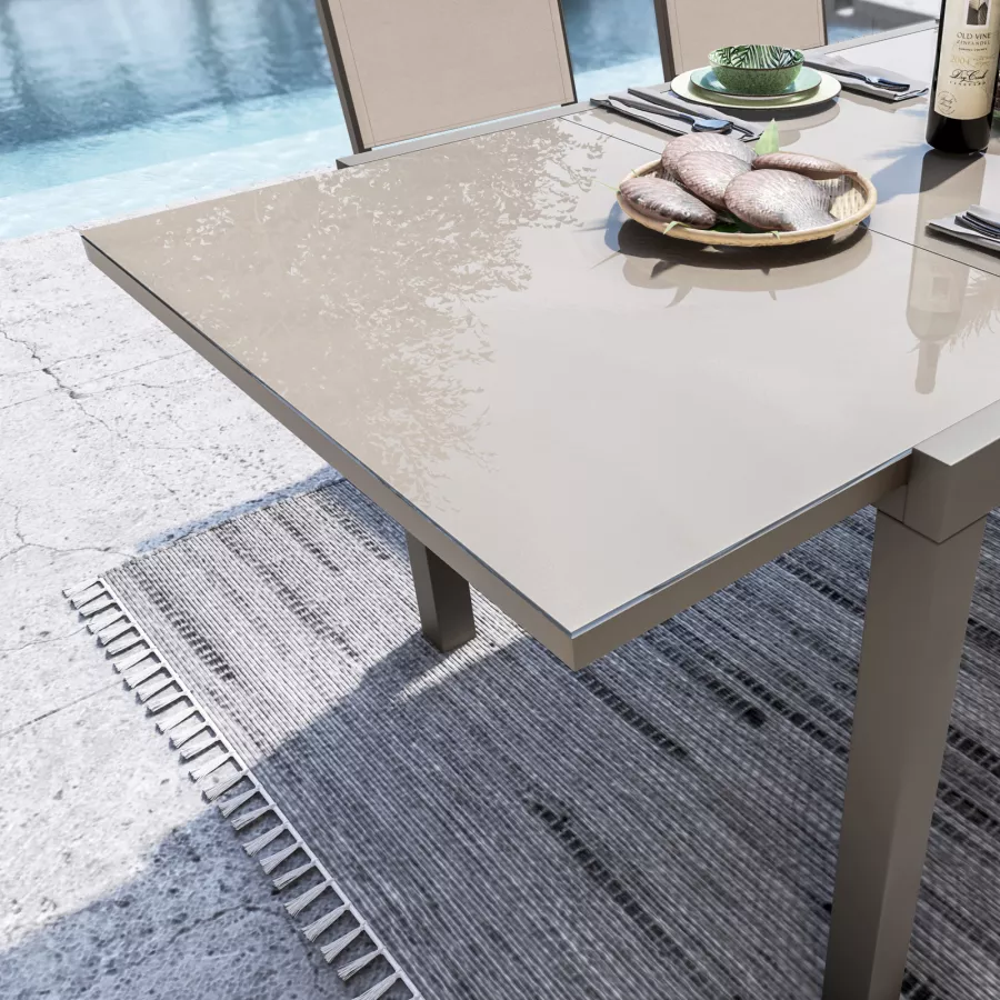 Set pranzo tavolo 180/240x90 cm e 4 sedie in alluminio e textilene tortora  - Carioca