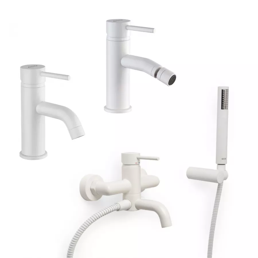 Set Miscelatori Lavabo Bidet Senza Scarico Vasca Con Doccino Bianco Opaco Gun Di Jacuzzi