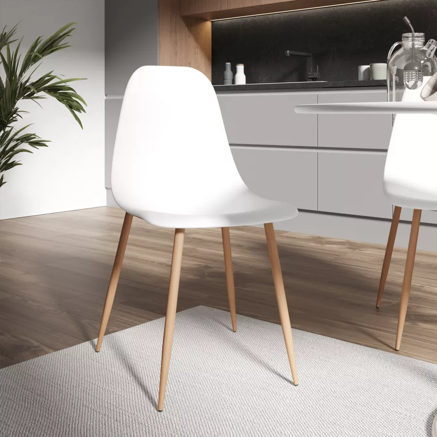 Set 6 sedie in polipropilene bianco con gambe effetto legno - Kaily