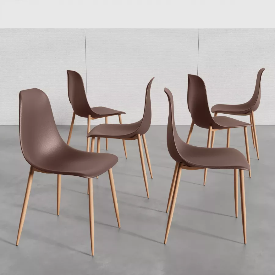 Set 6 sedie in polipropilene marrone con gambe effetto legno - Kaily