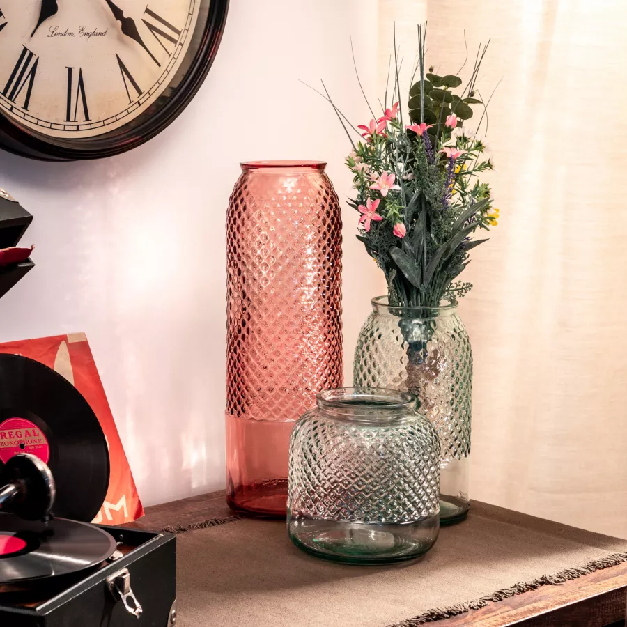 NOVARO. Vaso soliflore in vetro con sfondo rosa, H: 40 c…