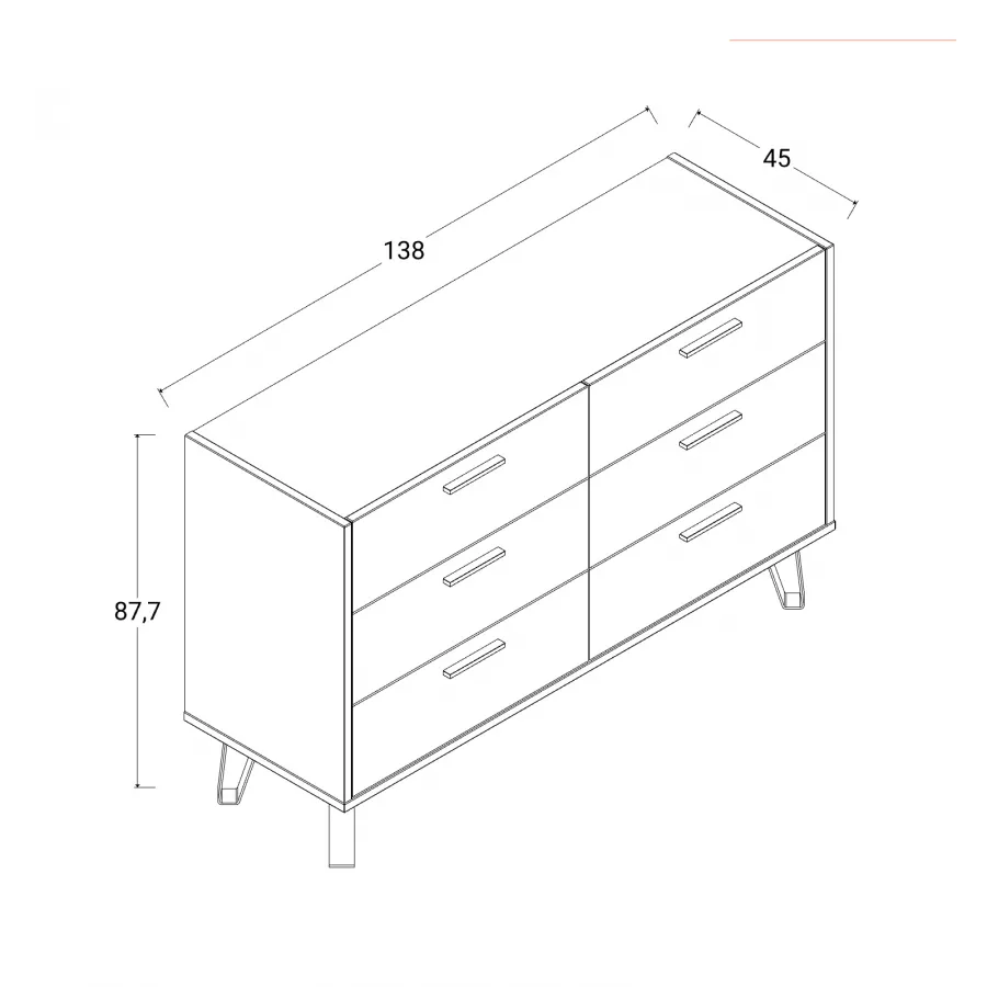 Comò 138x45x87,7h cm con 6 cassetti in rovere e grigio lucido - Skye night