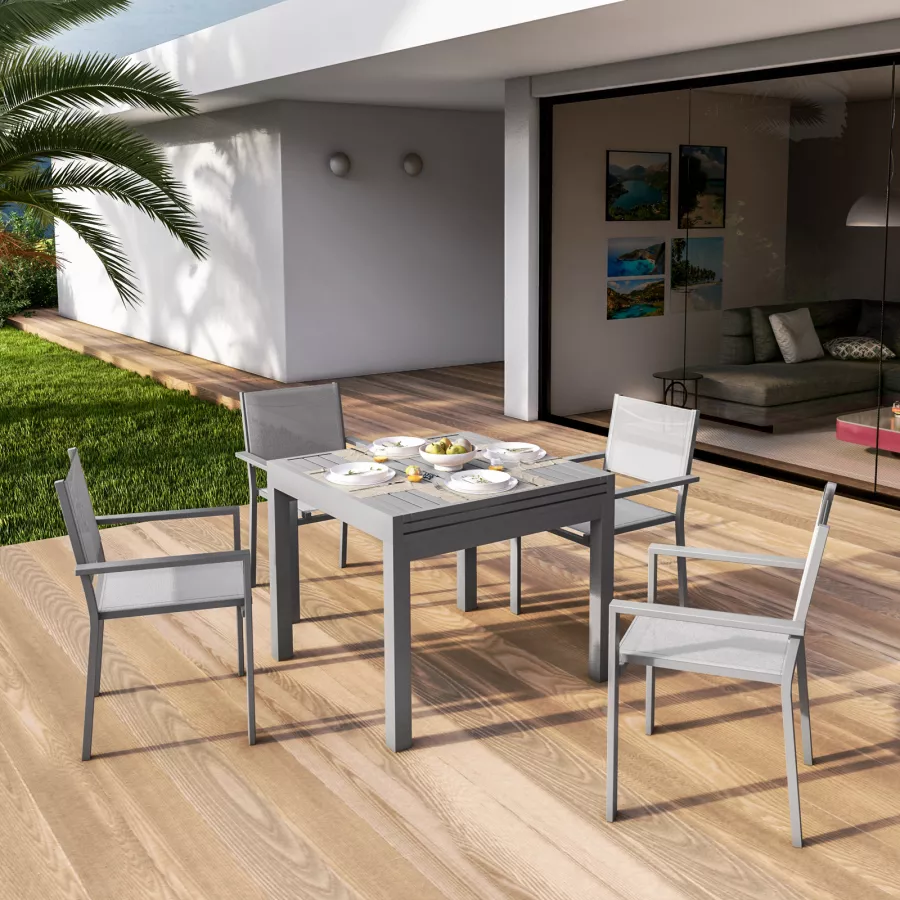 Set pranzo tavolo 90/180x90 cm e 4 sedie con braccioli in alluminio e  textilene grigio 