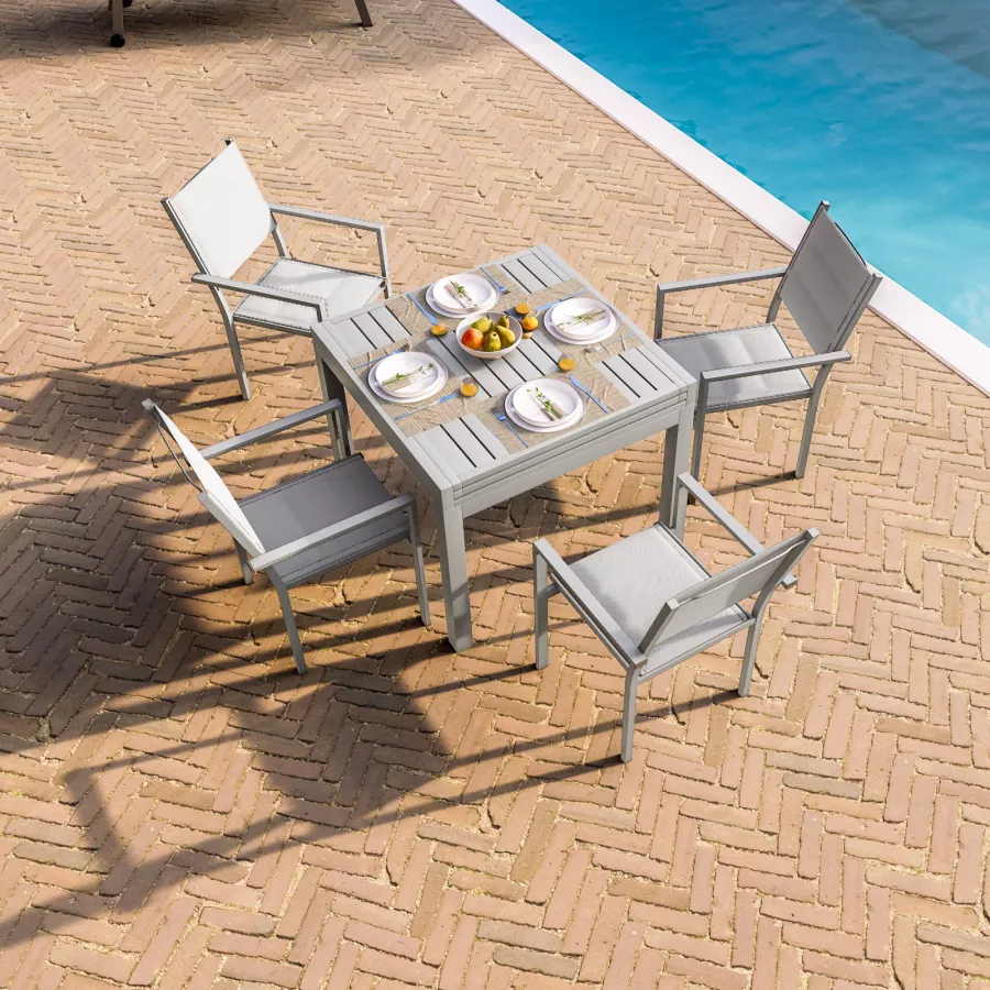 Set pranzo tavolo 90x90 cm in alluminio antracite e 4 poltrone con  braccioli - Carioca