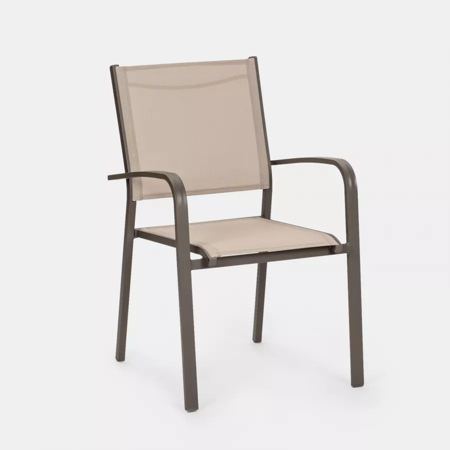 Set pranzo tavolo 140/210x77 cm e 4 sedie con braccioli in alluminio e  textilene marrone 