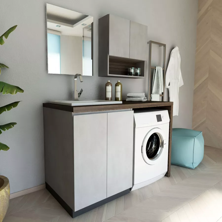 Mobile lavanderia 140 cm con lavabo sx pensile e copri lavatrice grigio -  Vicky