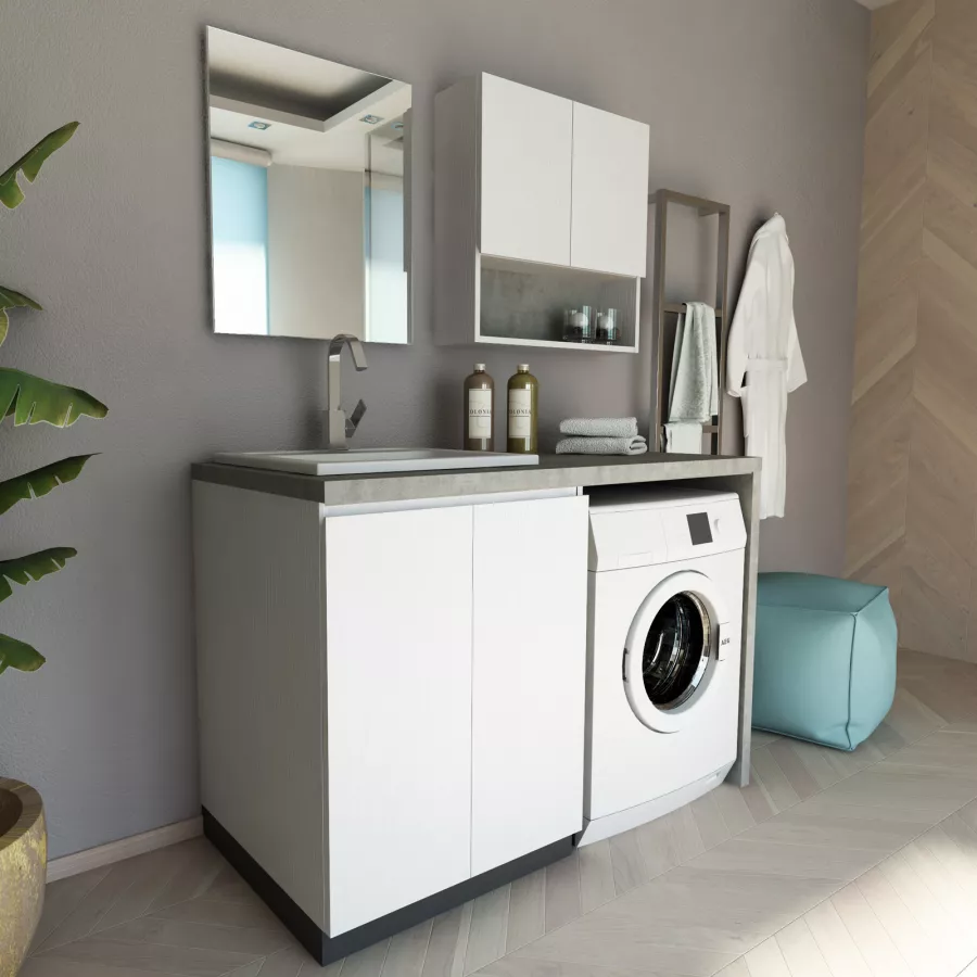 Mobile lavanderia 140 cm con lavabo sx pensile e copri lavatrice bianco e  frassino - Vicky