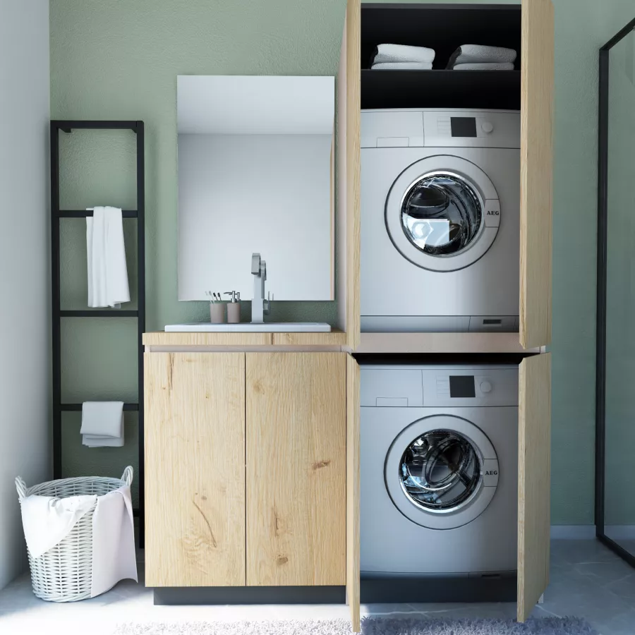 Composizione Mobili Lavanderia Area51-02 con lavatoio, moduli lavatrice ed  asciugatrice e colonna - Olmo Rosseau
