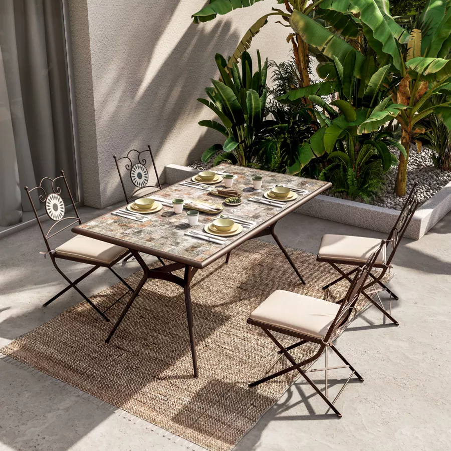 Set Pranzo Tavolo Con 160x90 Cm Top Mosaico E 4 Sedie Pieghevoli In Set Pranzo Tavolo Con 160x90 Cm Top Mosaico E 4 Sedie Pieghevoli In