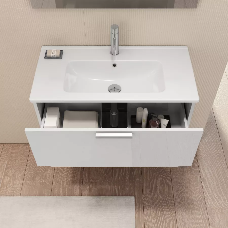 Bagno completo con mobile sospeso 80 cm profondità 39 cm bianco lucido con  specchio sanitari e