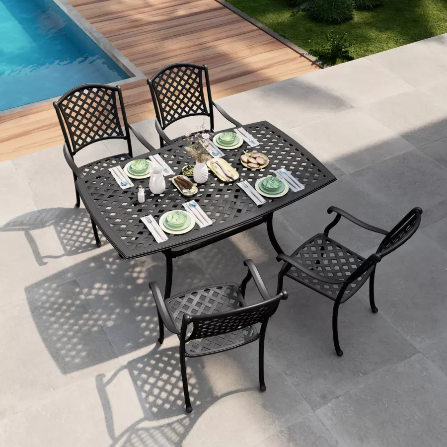 Set giardino con tavolo 150x90 cm e 4 poltrone in alluminio nero - Kalos