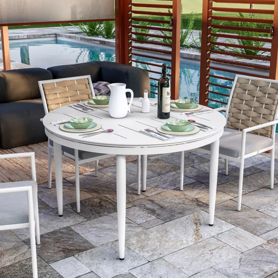 Tavolo da giardino rotondo con piano allungabile 120/170x120 cm in  alluminio bianco - Doovy