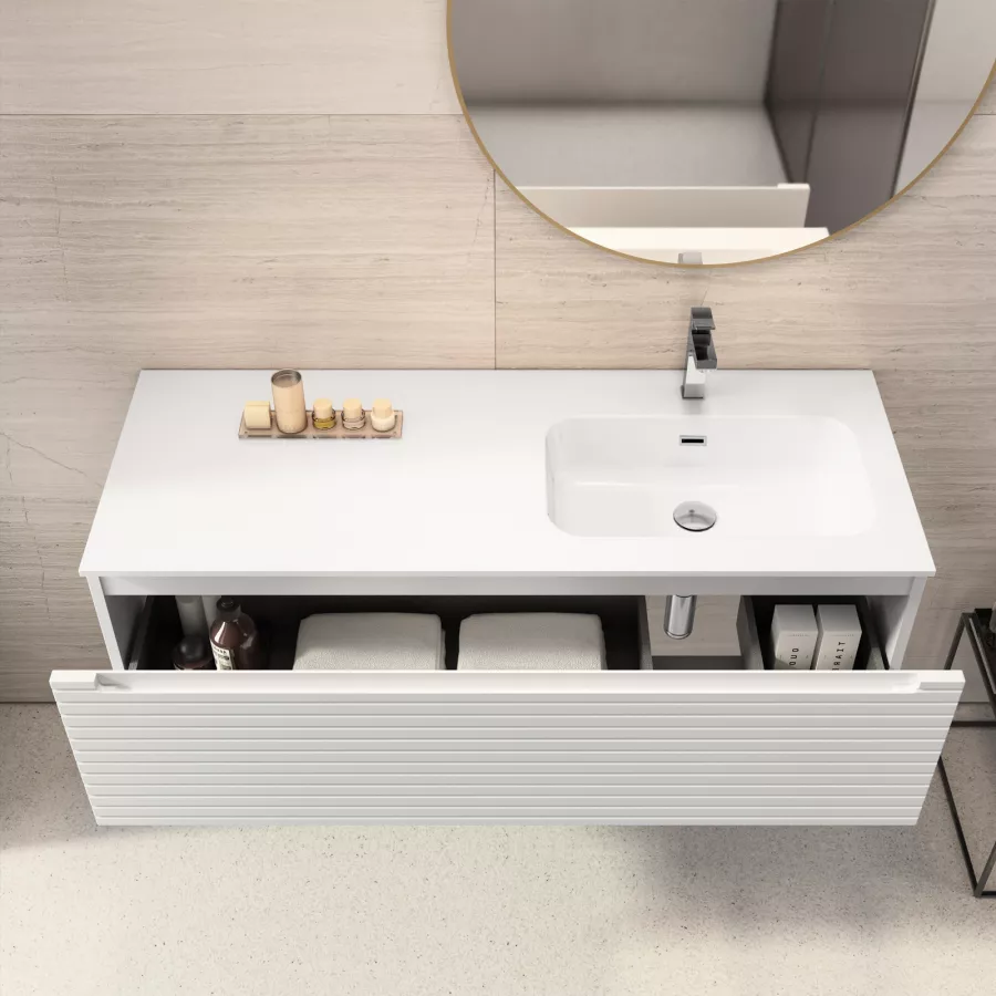 Mobile bagno sospeso 120 cm bianco opaco cannettato con lavabo dx e  specchio - Deck