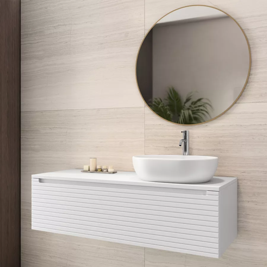 Mobile bagno sospeso 120 cm bianco opaco cannettato con lavabo sx e  specchio - Deck