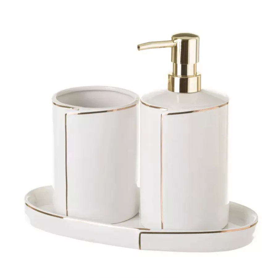 Set di 4 accessori bagno ceramica bianco e oro HUNCAL 