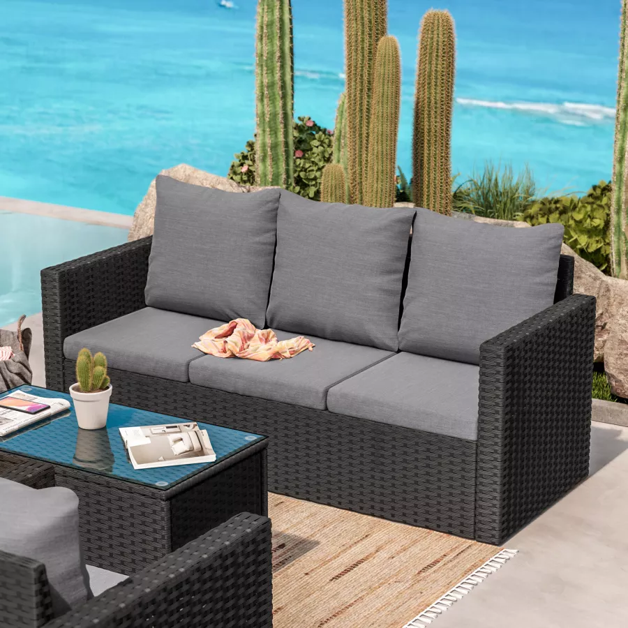 Set relax con divano 3 posti 2 poltrone e tavolino in polyrattan grigio con  cuscini - Horizon