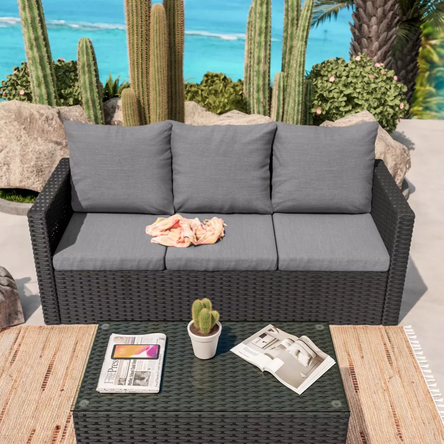 Set relax con divano 3 posti 2 poltrone e tavolino in polyrattan